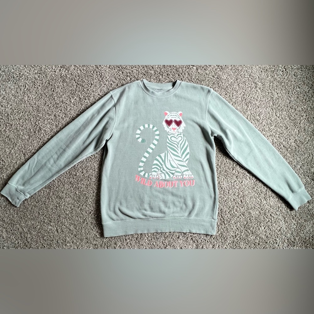 Living Fully Co Wild About You Tiger Washed Green Sweatshirt